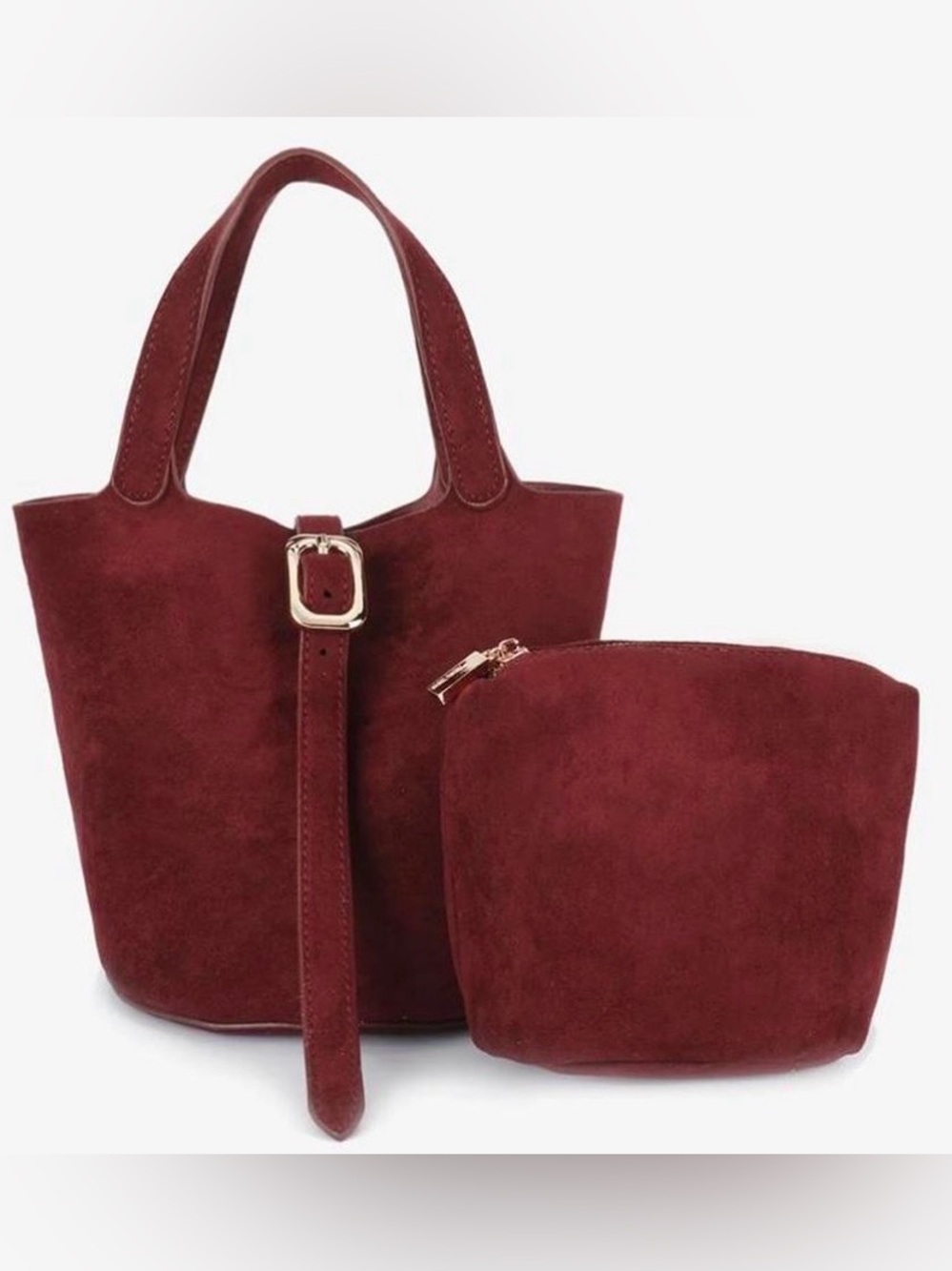 NWT Remi & Reid Joya Suede Bucket Bag Wine 3 Pc Set w/Pouch & Crossbody Strap